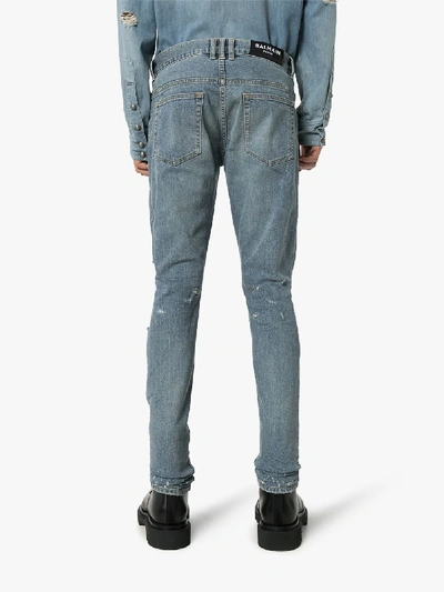 Shop Balmain Distressed Slim Fit Jeans In Blue