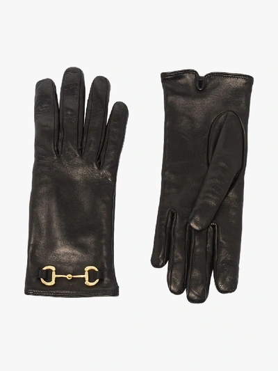 Shop Gucci Black Horsebit Leather Gloves