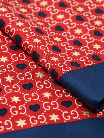 Shop Gucci Multicoloured Hearts And Stars Print Silk Scarf In Red