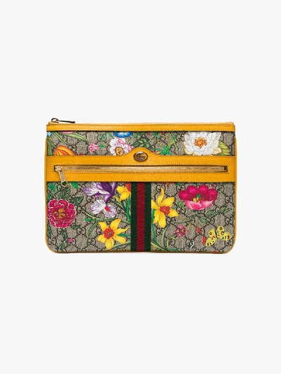 Shop Gucci Yellow Ophidia Floral Gg Supreme Pouch