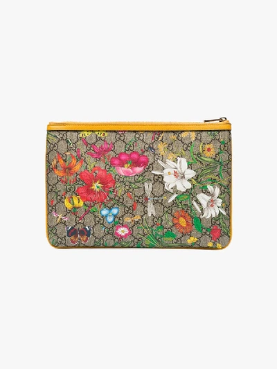 Shop Gucci Yellow Ophidia Floral Gg Supreme Pouch