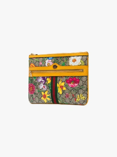 Shop Gucci Yellow Ophidia Floral Gg Supreme Pouch