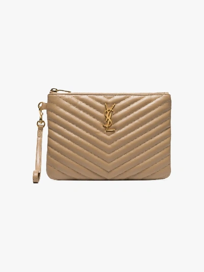Saint Laurent Monogram Plaque Quilted Clutch In Neutrals
