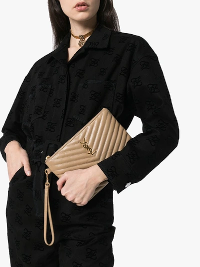 Saint Laurent Monogram Plaque Quilted Clutch In Neutrals