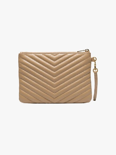 Saint Laurent Monogram Plaque Quilted Clutch In Neutrals