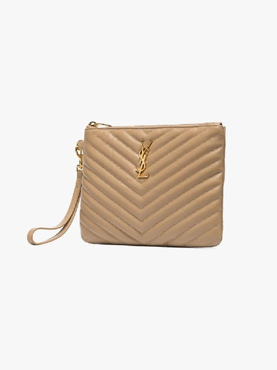 Saint Laurent Monogram Plaque Quilted Clutch In Neutrals