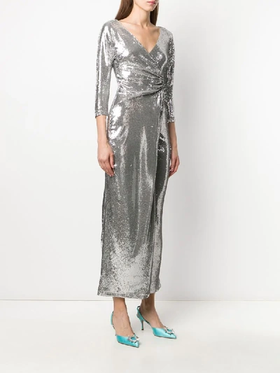Shop Blanca Sequin Wrap-style Dress In Silver
