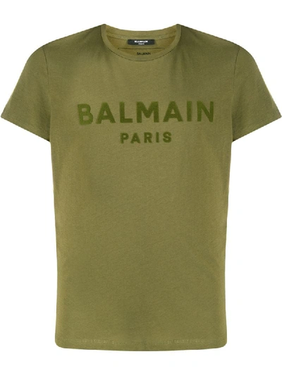 Shop Balmain Flock Logo T-shirt In Green