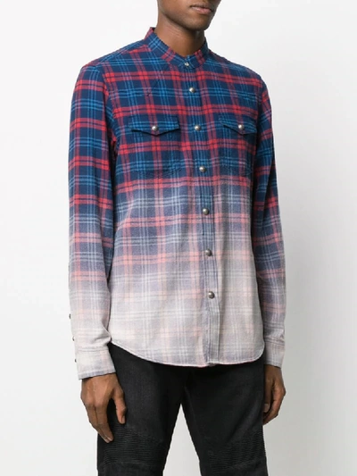 Shop Balmain Faded Check Long-sleeve Shirt In Blue