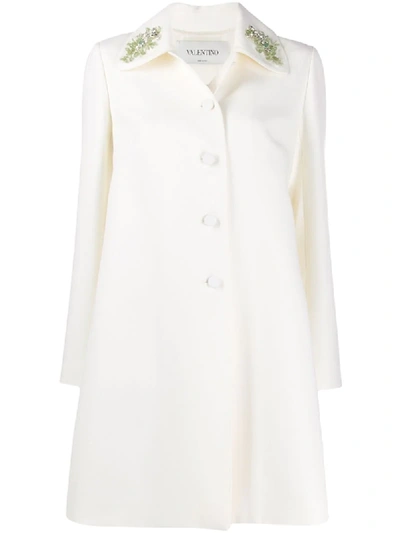 Shop Valentino Embroidered Collar Double-breasted Coat In White