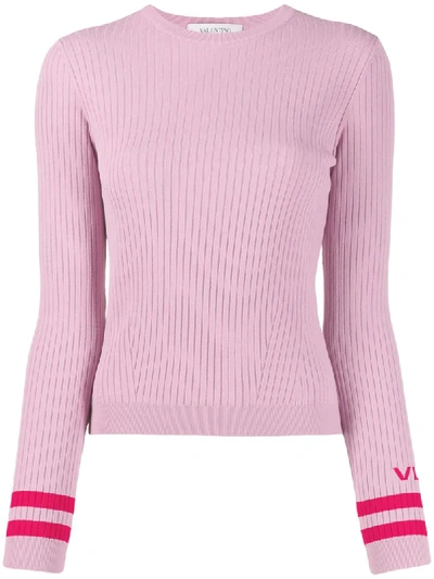 Valentino Ribbed Crew Neck Vltn Jumper In Pink