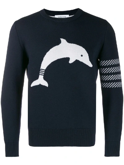 Shop Thom Browne Navy Dolphin Icon Crew Neck Pullover In Blue