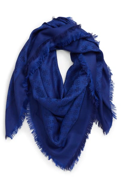 Shop Tory Burch Traveler Logo Jacquard Wool & Silk Scarf In Cobalt