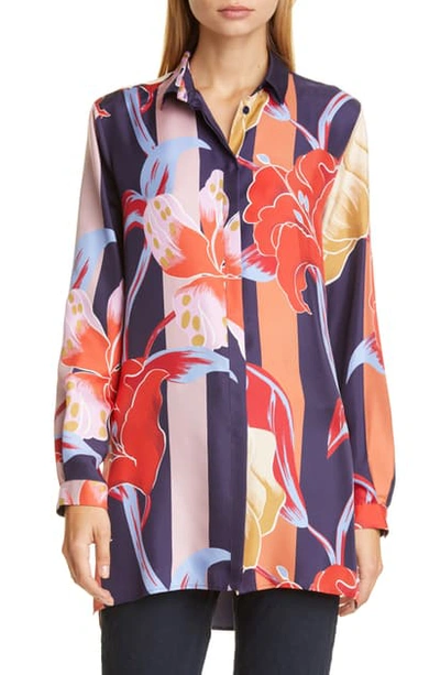 Shop Etro Large Lily Print Silk Tunic Shirt In Navy
