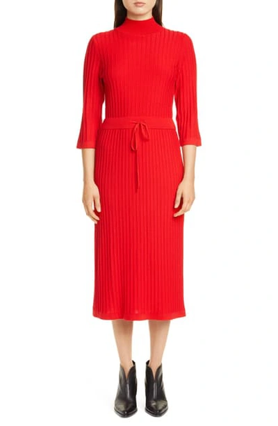 Shop Apc Vivianne Rib Drawstring Waist Merino Wool Midi Dress In Rouge