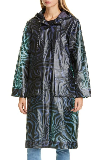 Shop Ganni Tiger Print Water Repellent Biodegradable Raincoat In Forever Blue