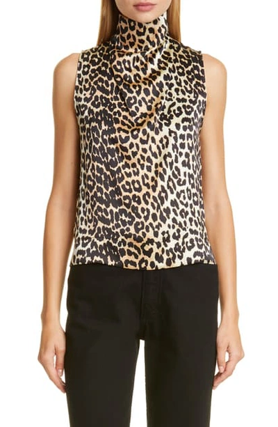 Shop Ganni Leopard Print Stretch Silk Crop Sleeveless Top