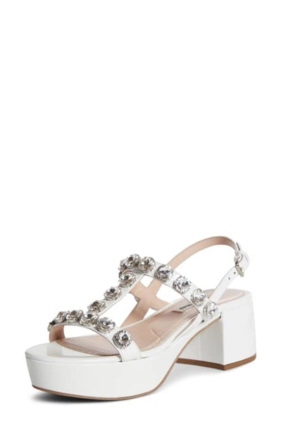 Shop Miu Miu Embellished T-strap Platform Sandal In White