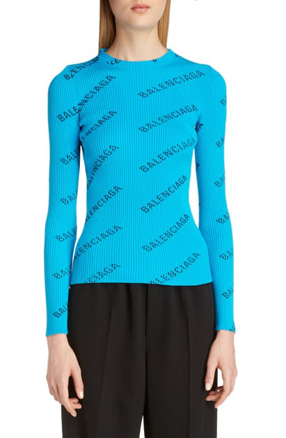 Balenciaga Logo Printed Knit Rib Crewneck Sweater In Blue | ModeSens