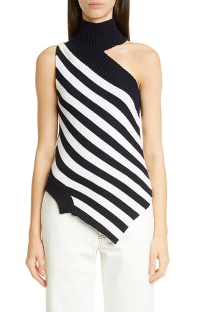 Shop Monse One-shoulder Asymmetrical Stripe Merino Wool Sweater In Midnight/ Ivory