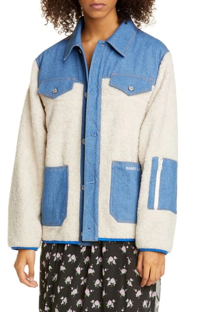 Shop Sandy Liang Dorne Denim Panel Faux Fur Jacket In Creamy