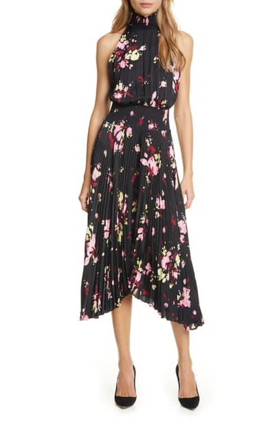 Shop A.l.c Renzo Floral Pleated Midi Dress In Black/ Pink/ Yuzu