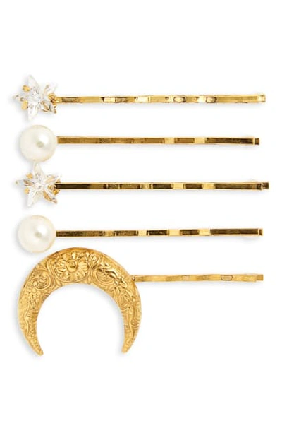 Shop Jennifer Behr Oberon Set Of 5 Bobby Pins In Crystal Antique Gold