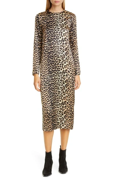 Shop Ganni Leopard Print Stretch Silk Long Sleeve Midi Dress