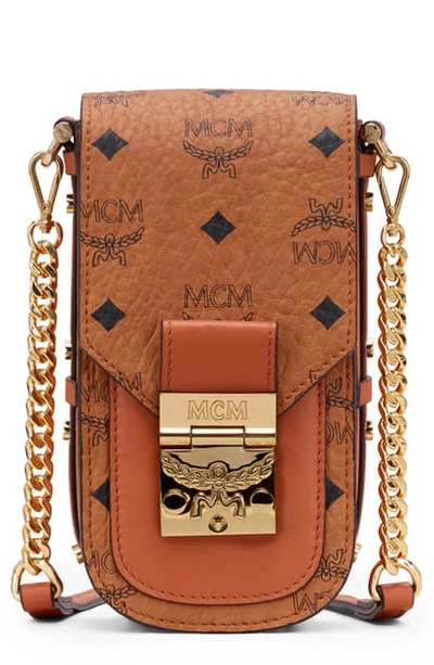 Shop Mcm Mini Patricia Visetos Coated Canvas & Leather Crossbody Bag In Cognac