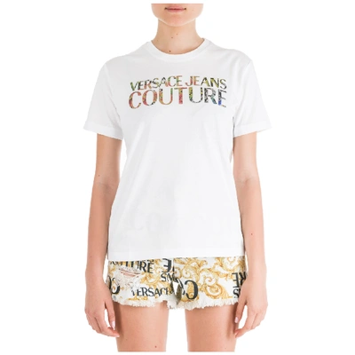 Shop Versace Jeans Couture Women's T-shirt Short Sleeve Crew Neck Round Flower In White