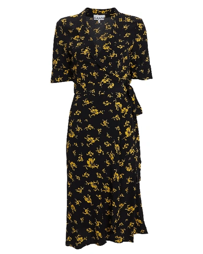 Shop Ganni Floral Print Crepe Wrap Dress In Black