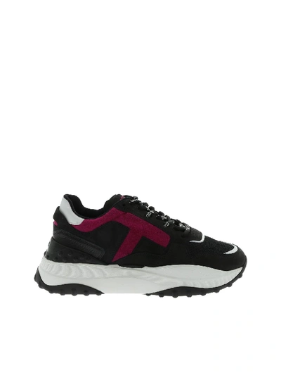 Shop Tod's Black Chunky Sneakers With Cyclamen Detail