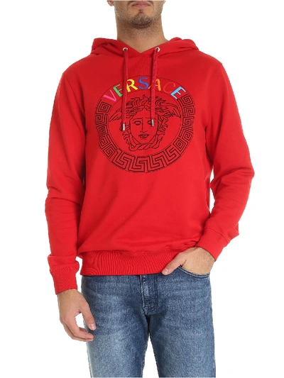 Shop Versace Red Hoodie With Multicolor Medusa Logo