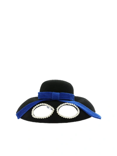 Shop Vivetta Black Hat With Glasses And Blue Ribbon