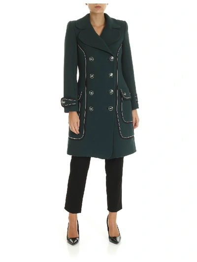Shop Elisabetta Franchi Dark Green Coat With Contrasting Trim