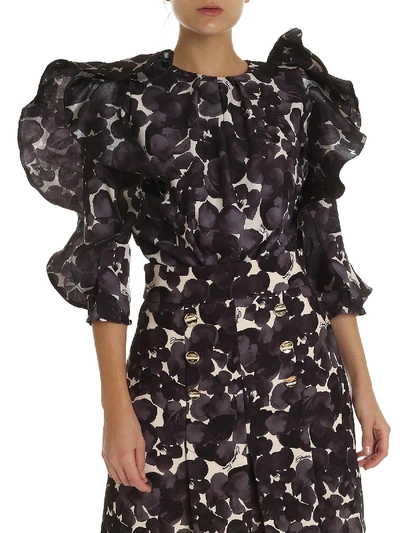 Shop Elisabetta Franchi Floral Print Body With Ruffles In Nude Color In Black