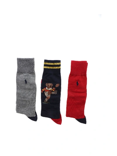 Shop Polo Ralph Lauren Set Of Red Blue And Grey Men's Socks In Multi