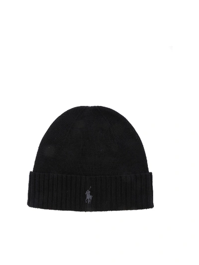 Shop Polo Ralph Lauren Black Beanie With Embroidered Logo