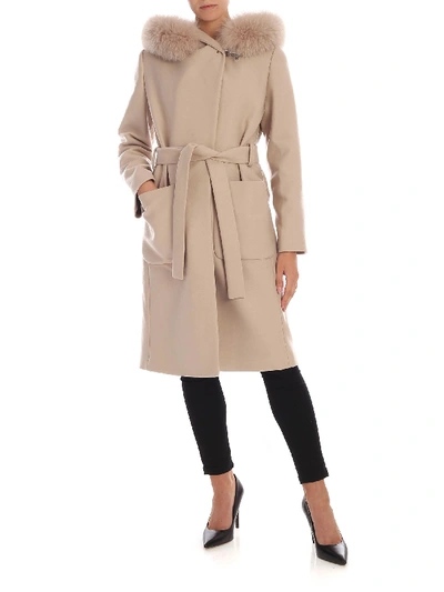 Shop Fay Beige Coat With Hood And Fur