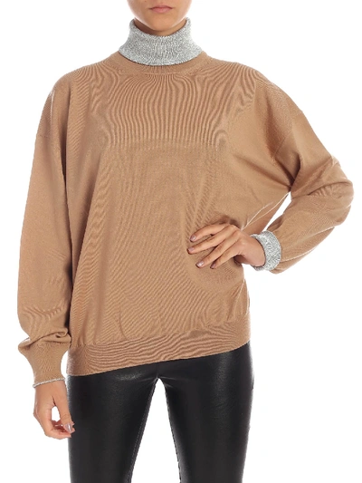 Shop Paco Rabanne Pullover In Camel Color With Silver Lamè Collar