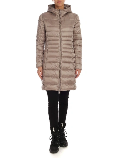 Shop Save The Duck Long Fit Down Jacket In Taupe Color With Logo Patch In Beige