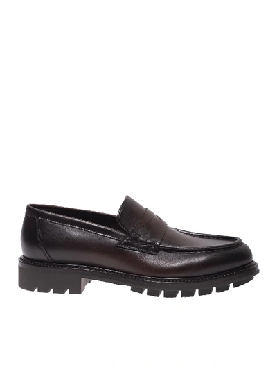 Shop Santoni Loafers In Faded Dark Brown Leather