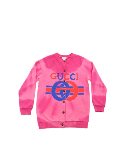Shop Gucci Tie Dye Fleece Cardigan In Fuchsia