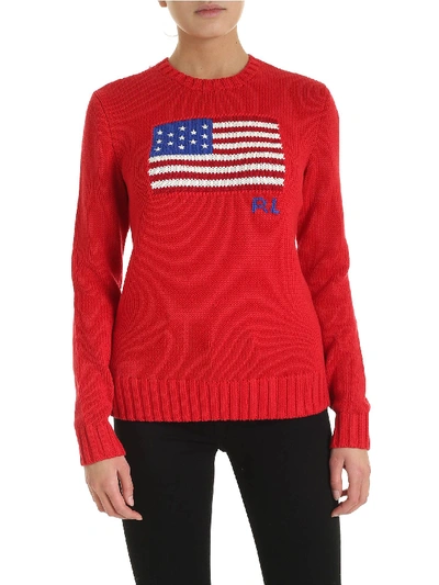 Shop Polo Ralph Lauren Flag Logo Intarsia Pullover In Red