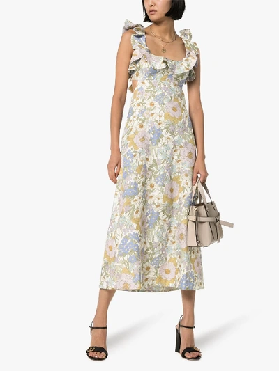 Shop Zimmermann Floral Print Linen Ruffled Dress In Blue