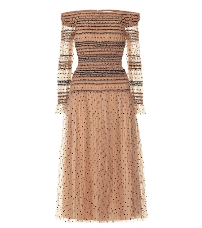 Shop Self-portrait Polka-dot Tulle Dress In Brown