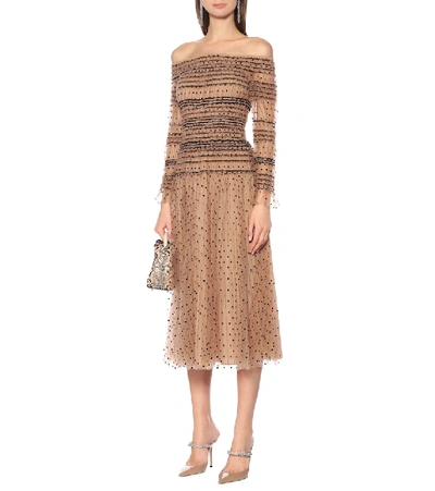 Shop Self-portrait Polka-dot Tulle Dress In Brown