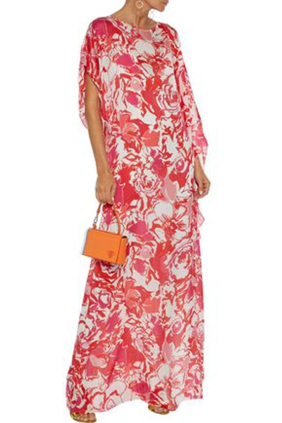Shop Roberto Cavalli Draped Printed Silk-voile Maxi Dress In Tomato Red