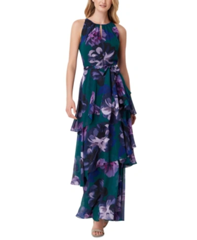 Shop Tahari Asl Tiered Printed Maxi Dress In Green/purple Floral