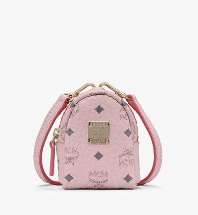 Shop Mcm Backpack Charm With Crossbody Strap In Visetos In Pink | Powder Pink